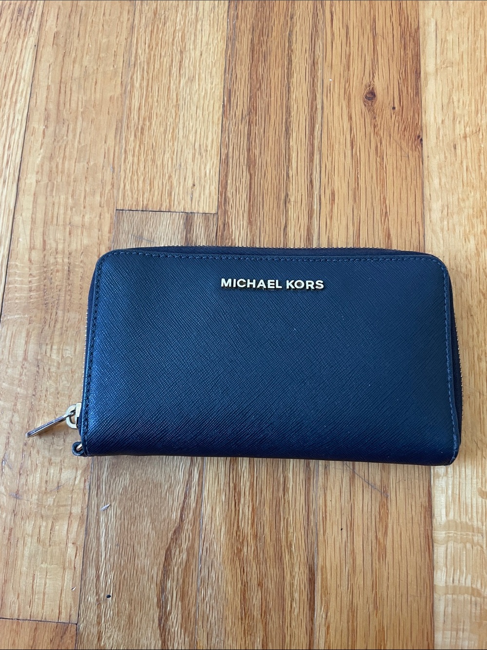 Michael Kors Navy Blue Saffiano Zip-Around Wallet with Gold Logo